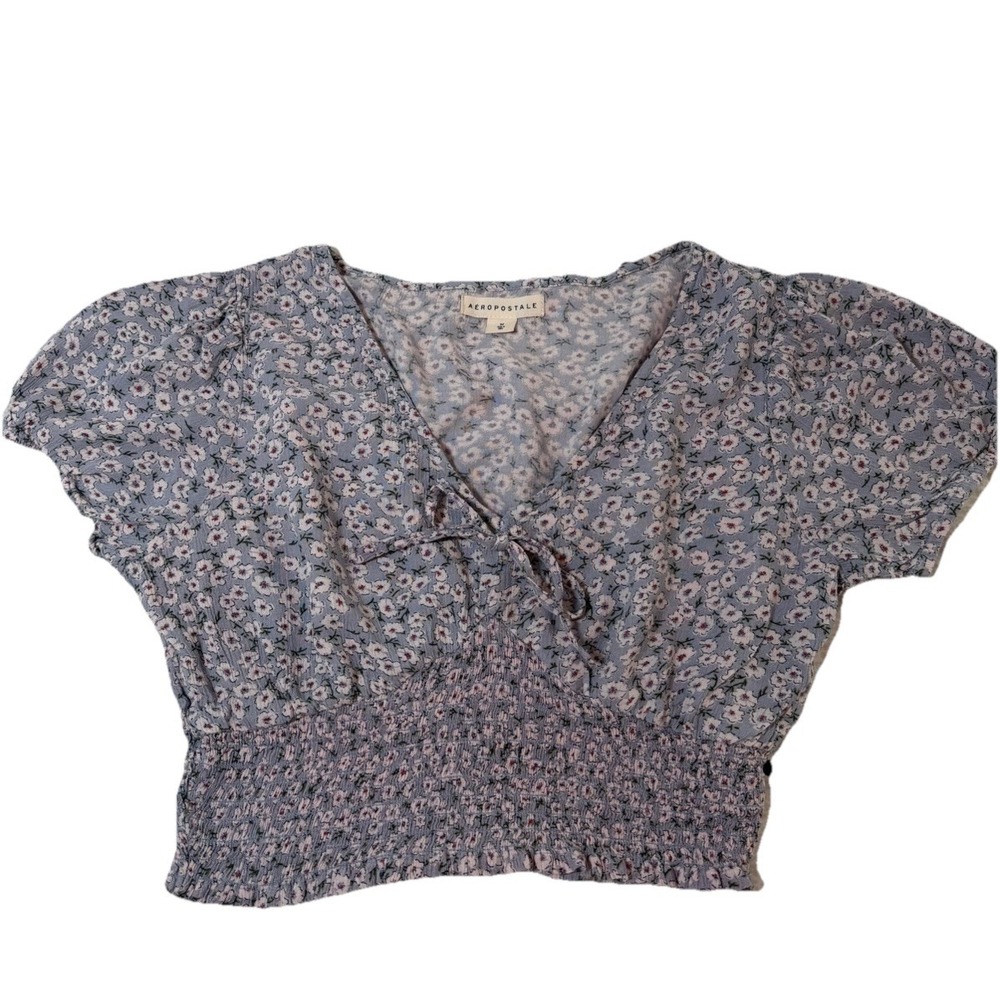Aeropostale Y2K Womens M Lavender Floral‎ V-Neck Smocked Crop Blouse Peasant